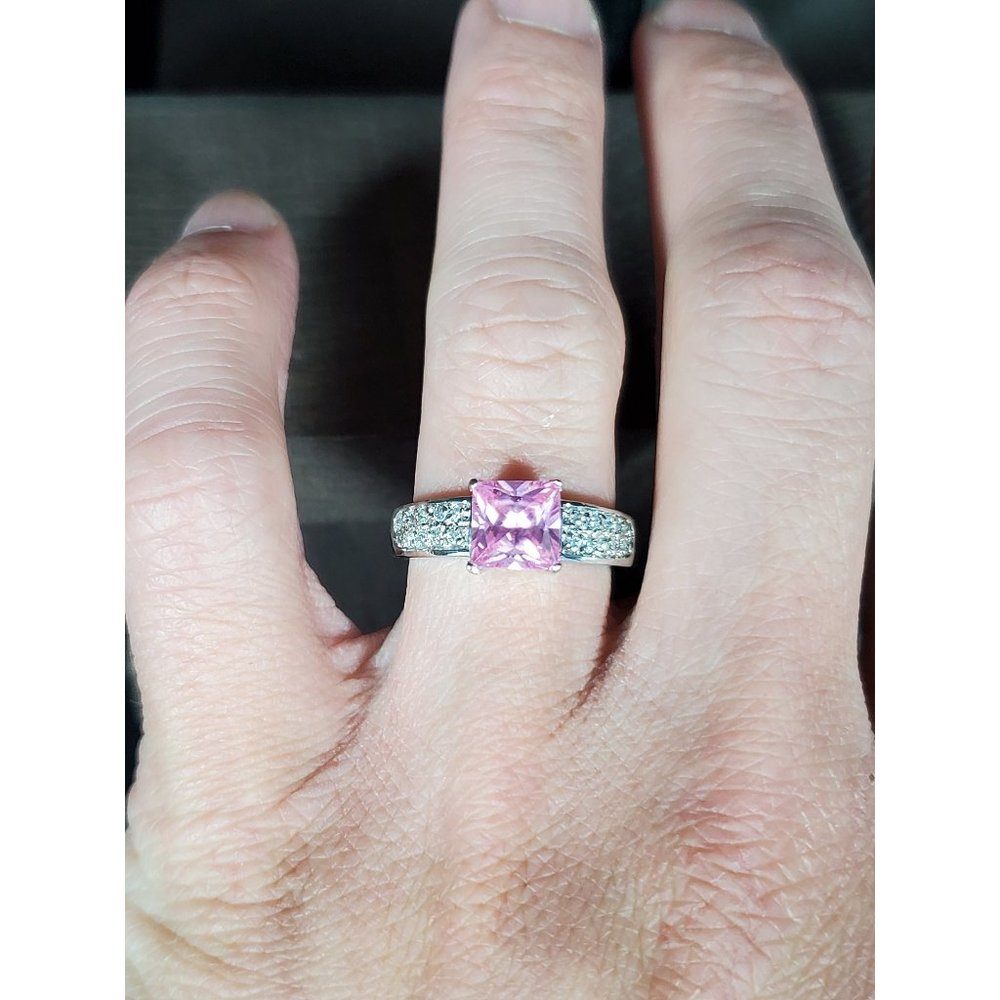 Size 7 Sterling Silver Cool Square Pink Cubic Zirconia Stone Band Ring